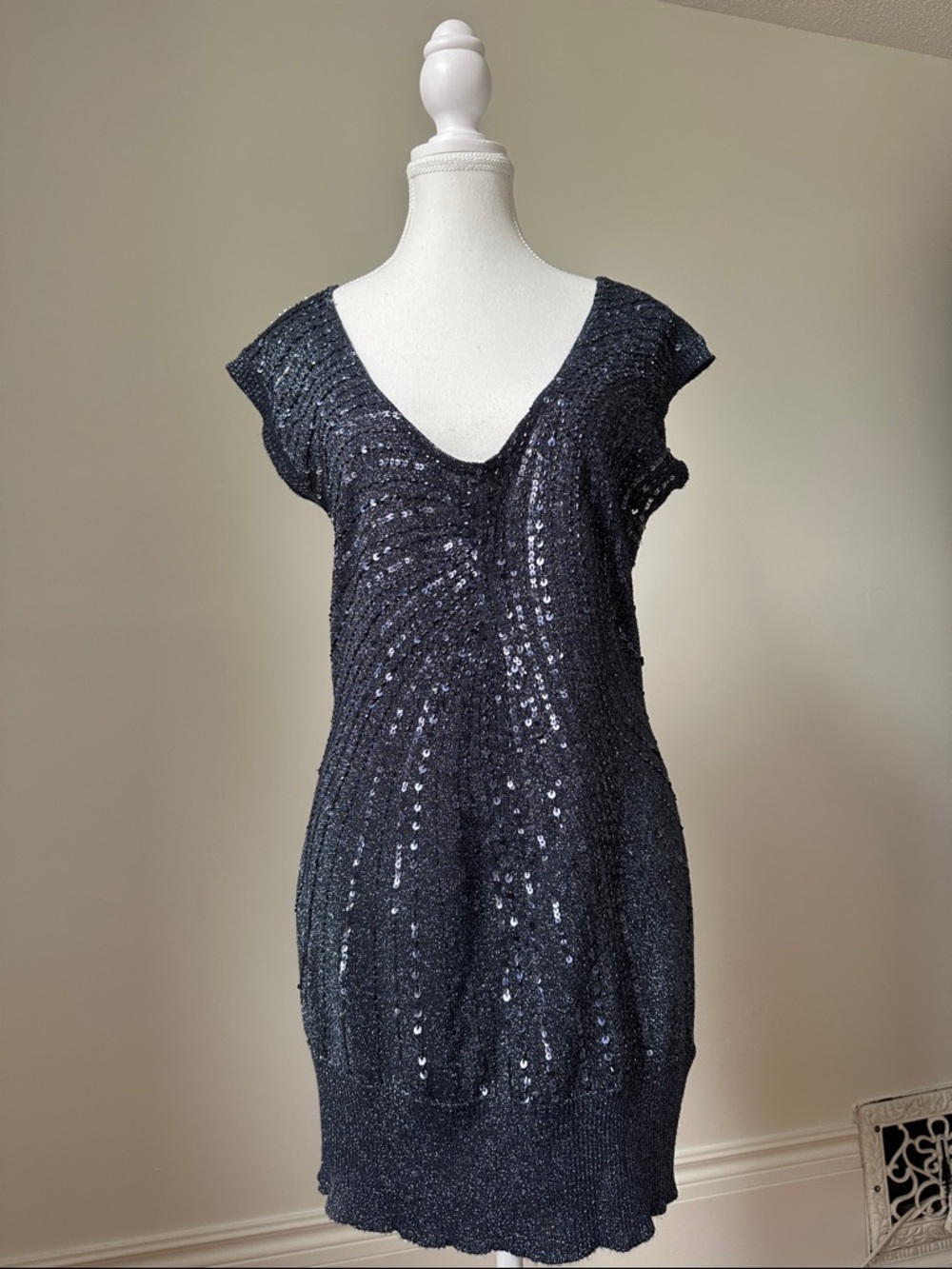 LE‎ CHATEAU Y2K Fairy Whimsy Blue Sequins Short Sleeve Mini Dress Size Large
